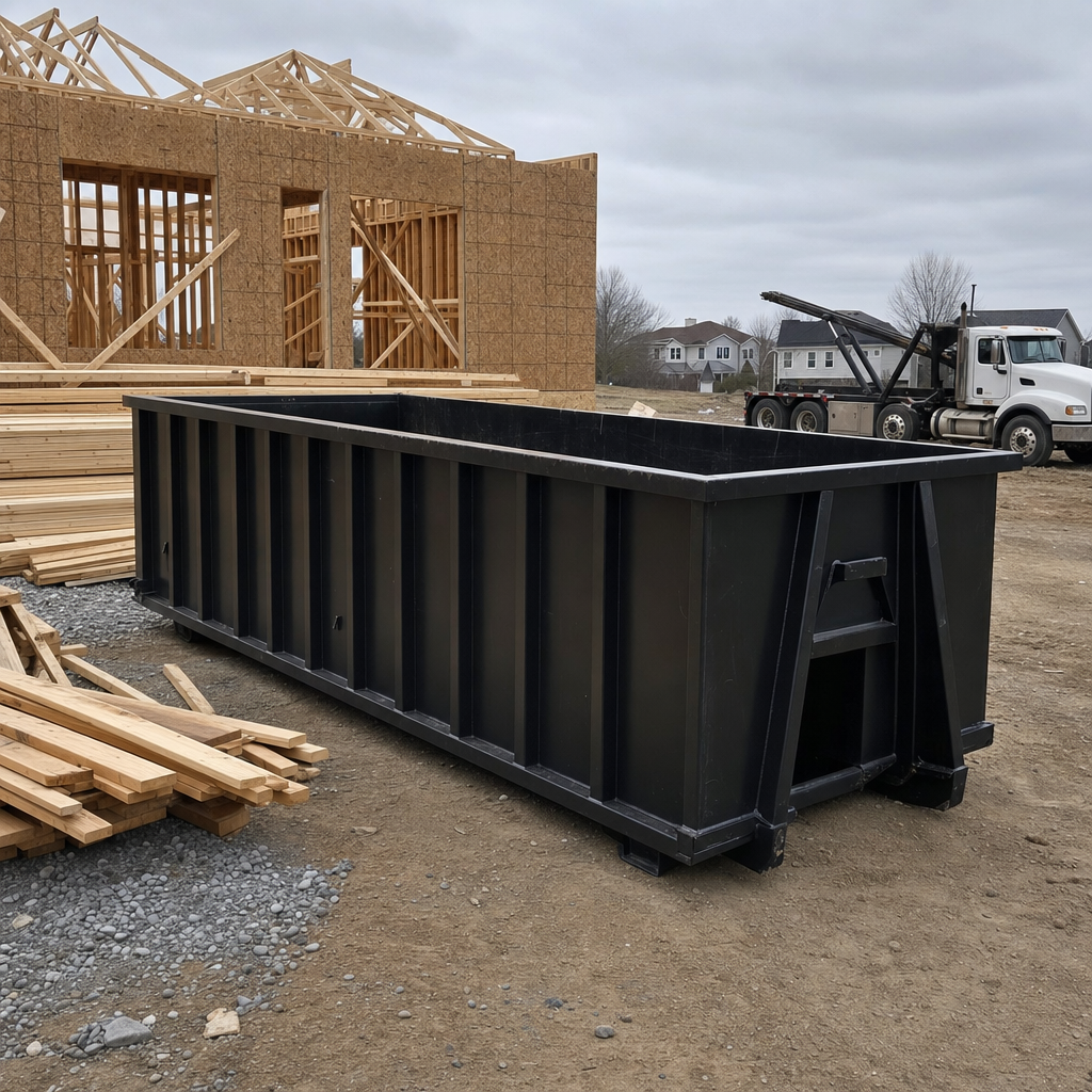 Matte-black 40-yard roll-off dumpster staged on a framed-out residential construction site in Mims, framing lumber stacked nearby, hooklift delivery truck visible in the background under bright Colorado daylight