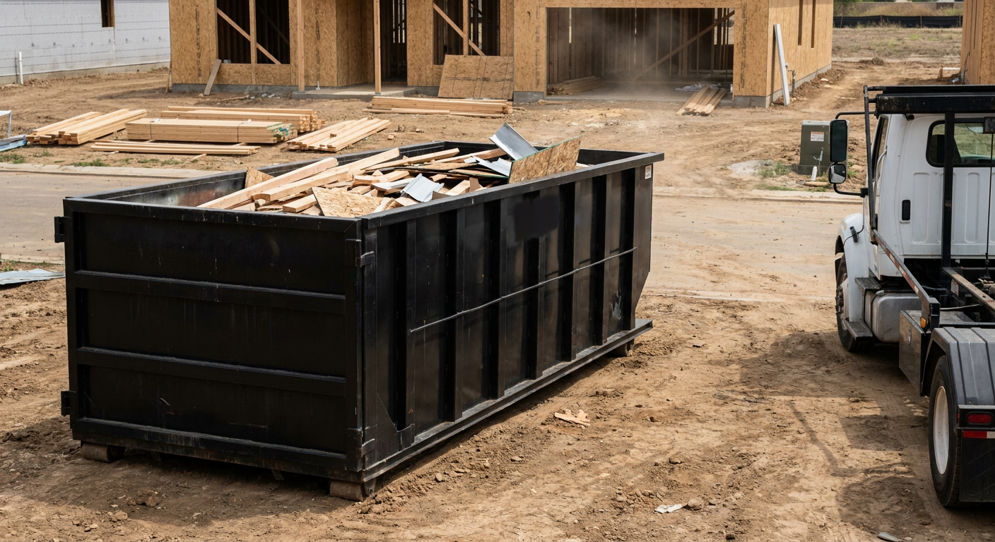 Matte-black 20-yard roll-off construction dumpster with heavy ribbed steel sidewalls and swing rear doors at a working jobsite in Mims, sitting directly on compacted dirt with an unmarked white hauler partially visible at the far edge of the frame.
