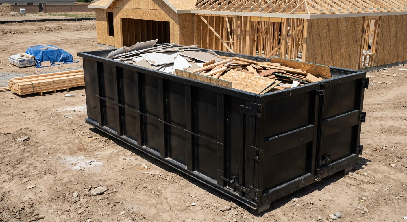 Matte-black 30-yard roll-off construction dumpster sitting directly on the compacted-dirt site of a framed single-family home build in Mims, drywall and lumber scrap loaded inside.