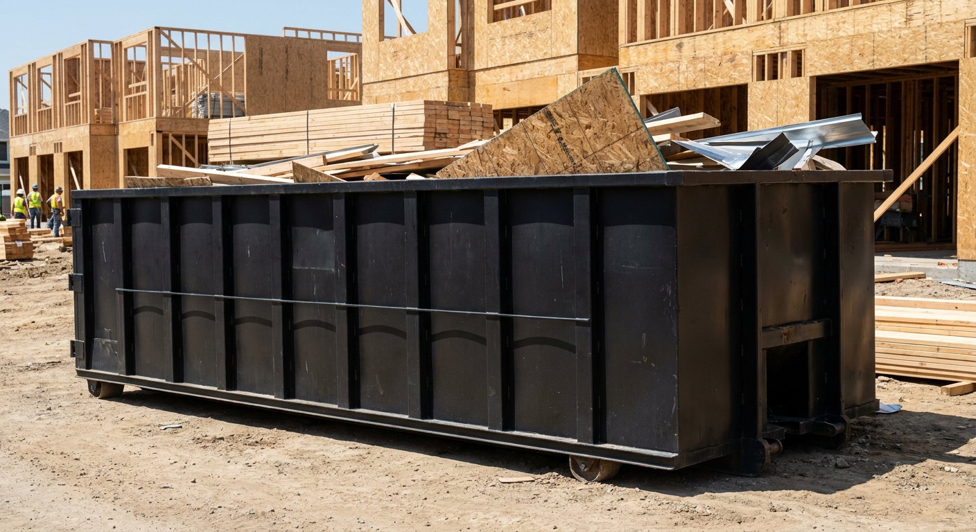 Matte-black 40-yard roll-off construction dumpster being lowered from a white-cab hooklift delivery truck onto the compacted-dirt jobsite at a commercial build site in Mims