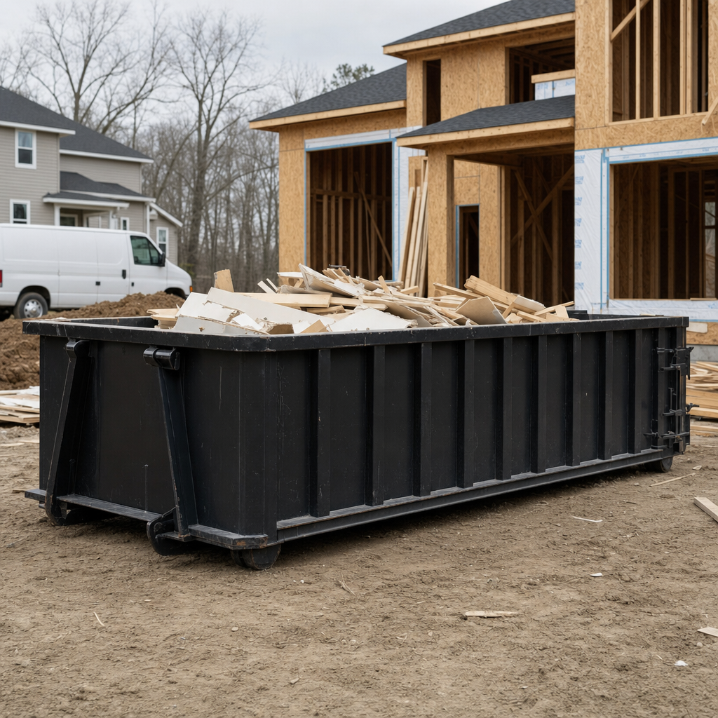 Worker in a yellow high-visibility vest tossing framing lumber and broken drywall into a matte-black 30-yard construction roll-off dumpster on an active build site in Mims, bright daylight