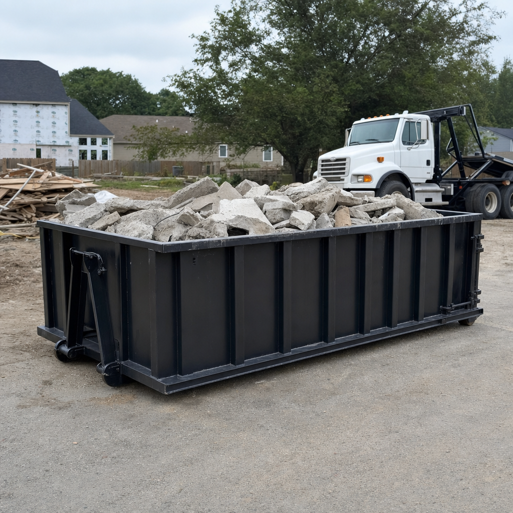 Low-profile matte-black lowboy roll-off dumpster loaded with broken concrete slab and rebar at a foundation tear-out in Mims, skid steer parked beside it, sunny Colorado morning