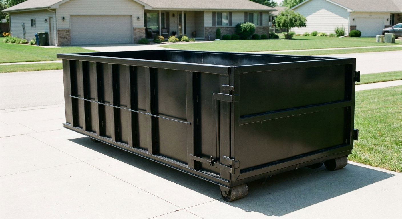 Matte-black 10-yard roll-off dumpster on a residential concrete driveway in Mims, uniformly painted matte black across every panel and rail, ribbed steel sidewalls and rear swing door visible, mid-day daylight.