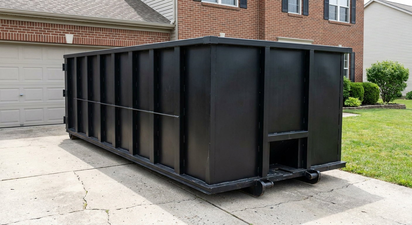 Matte-black 20-yard roll-off container on a Mims residential concrete driveway with reinforced ribbed steel sidewalls and a hinged rear walk-in door, clean bright daylight.