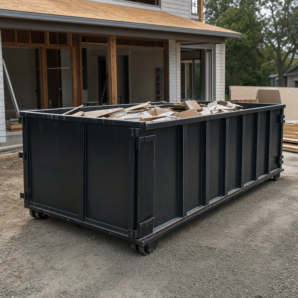 Large matte-black 30-yard construction roll-off dumpster at an active Mims jobsite, steel-gray top rails and bottom rollers visible, loaded with construction debris.