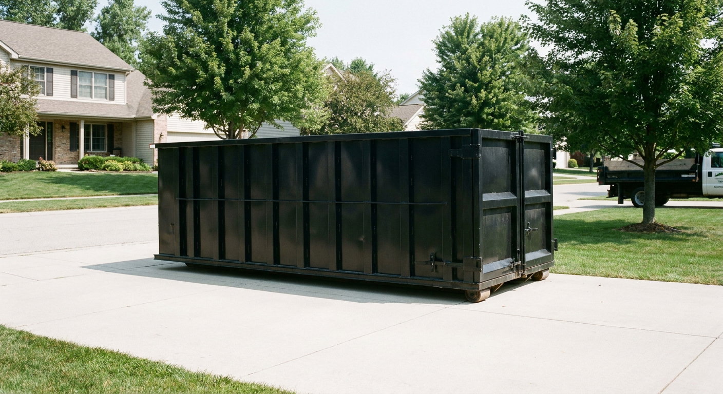 Matte-black 20-yard roll-off dumpster sitting level on a clean Mims residential concrete driveway under bright daylight, demonstrating clean placement directly on the concrete.