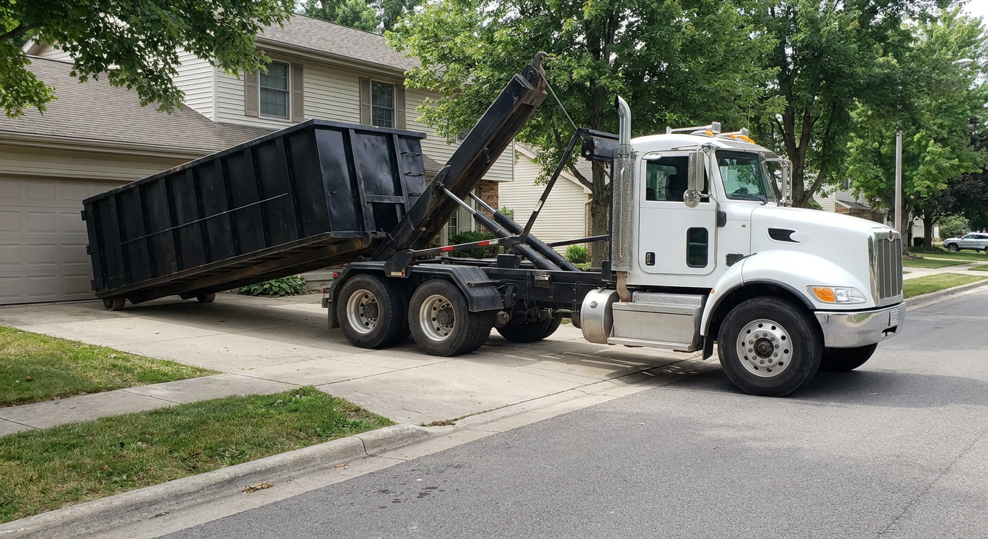 White-cab hooklift roll-off truck actively lowering a matte-black dumpster onto a Mims residential concrete driveway, the dumpster's rear wheels touching the driveway as the hoist arm tilts the bed forward, mid-morning daylight.