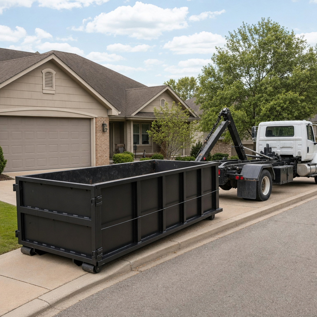 Wide documentary shot of a matte-black roll-off dumpster on a Mims residential driveway in the foreground and a contractor jobsite container in the soft-focus background, bright daylight, calm and orderly composition.