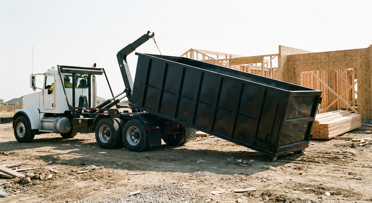 Matte-black roll-off dumpster being delivered onto a clean residential concrete driveway in Mims by an unmarked white hooklift hauler truck, bright morning daylight, documentary 35mm perspective.