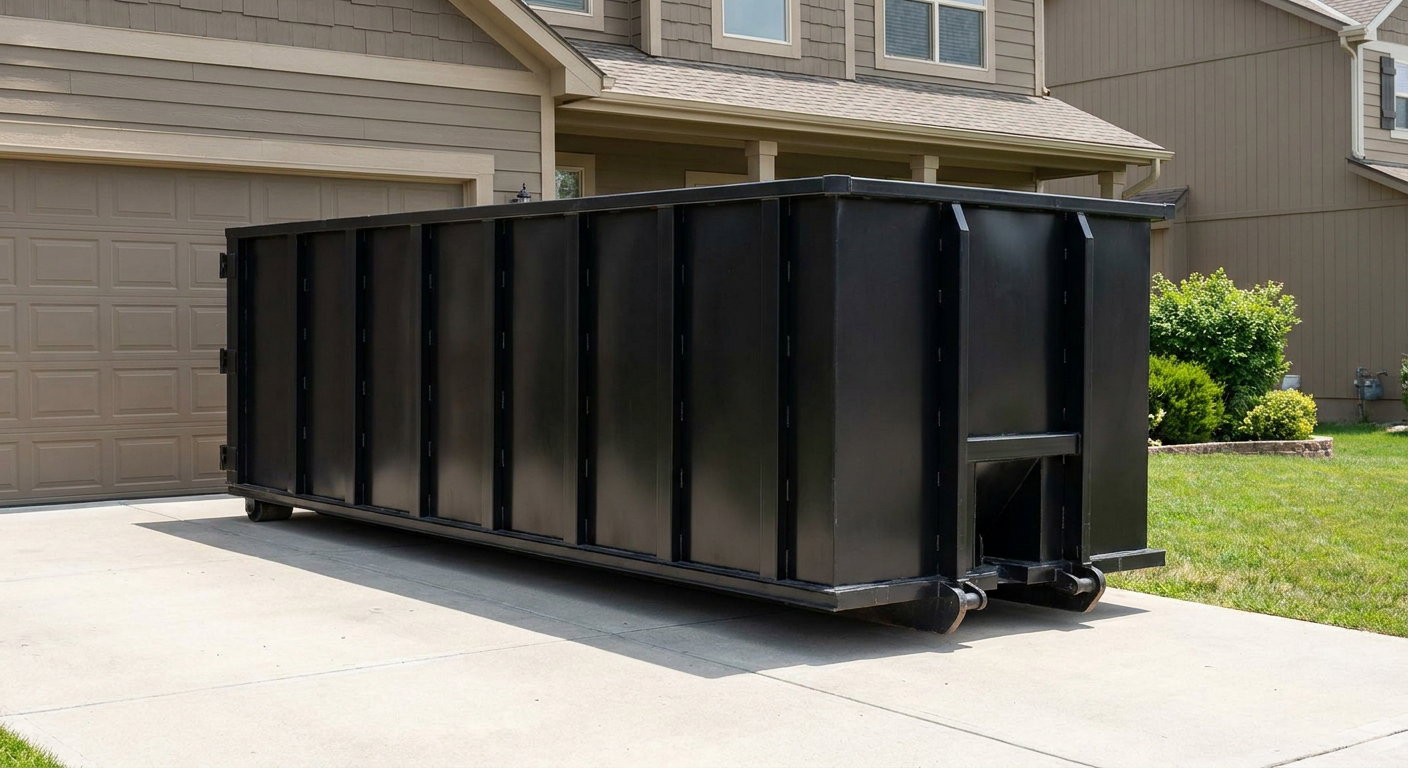 Matte-black residential roll-off dumpster sitting directly on a suburban Mims concrete driveway, garage door closed, single-family home in background, bright morning daylight.