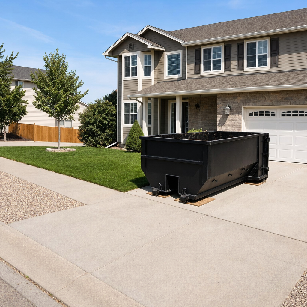 10-yard matte-black residential dumpster placed directly on a narrow Mims concrete driveway, room remains for a parked sedan beside it, mid-morning natural light
