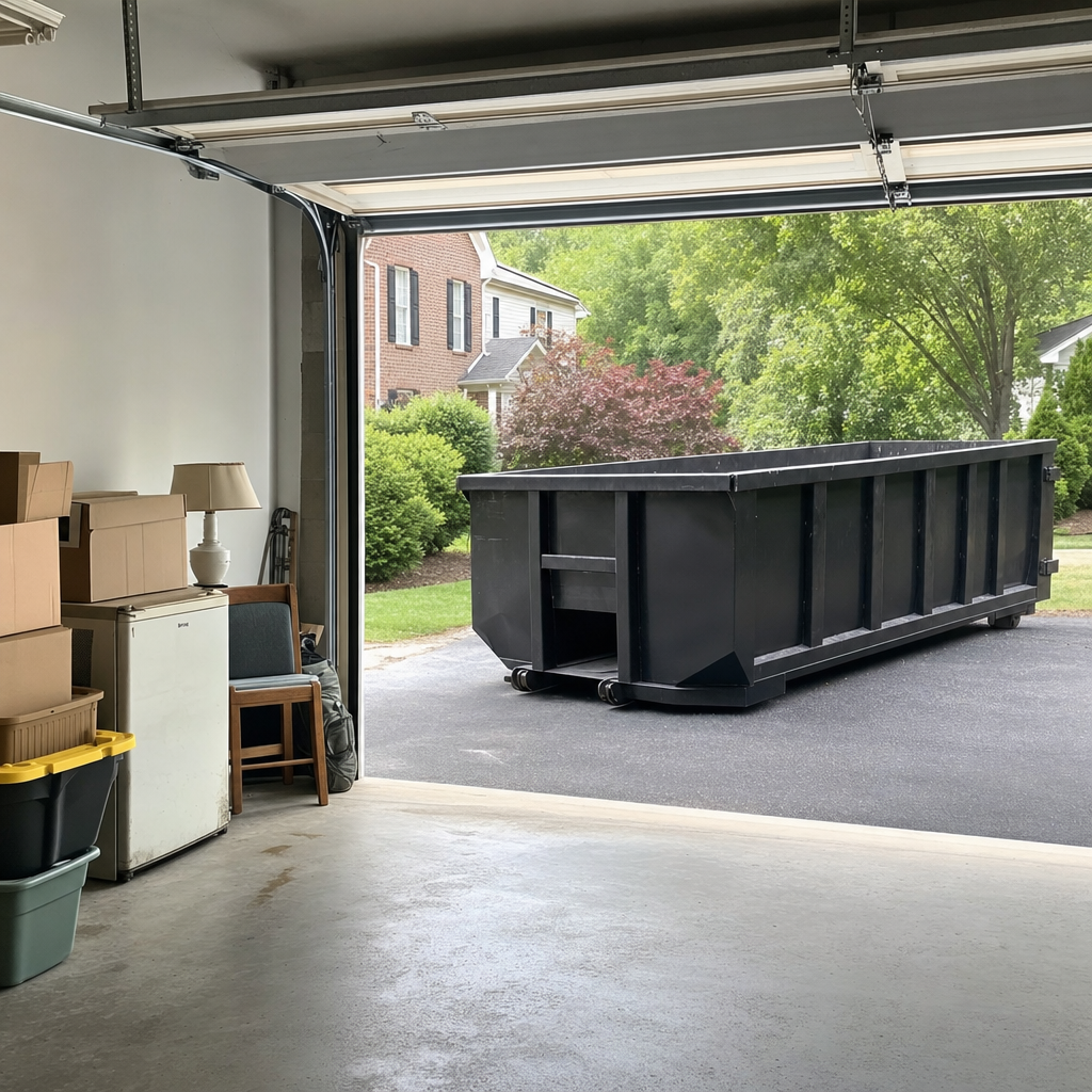 Open garage interior in a Mims home mid-cleanout — boxed items, an old appliance, and stacked yard tools queued near the driveway for a matte-black roll-off dumpster, organized and calm