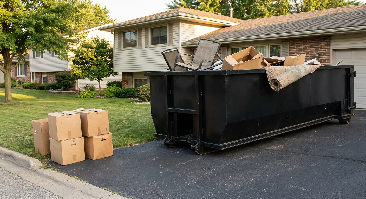 Front-yard view of a Mims split-level home with a 20-yard matte-black roll-off dumpster sitting directly on the asphalt driveway, a few clearly labeled donation boxes staged at the curb, calm sunny afternoon.