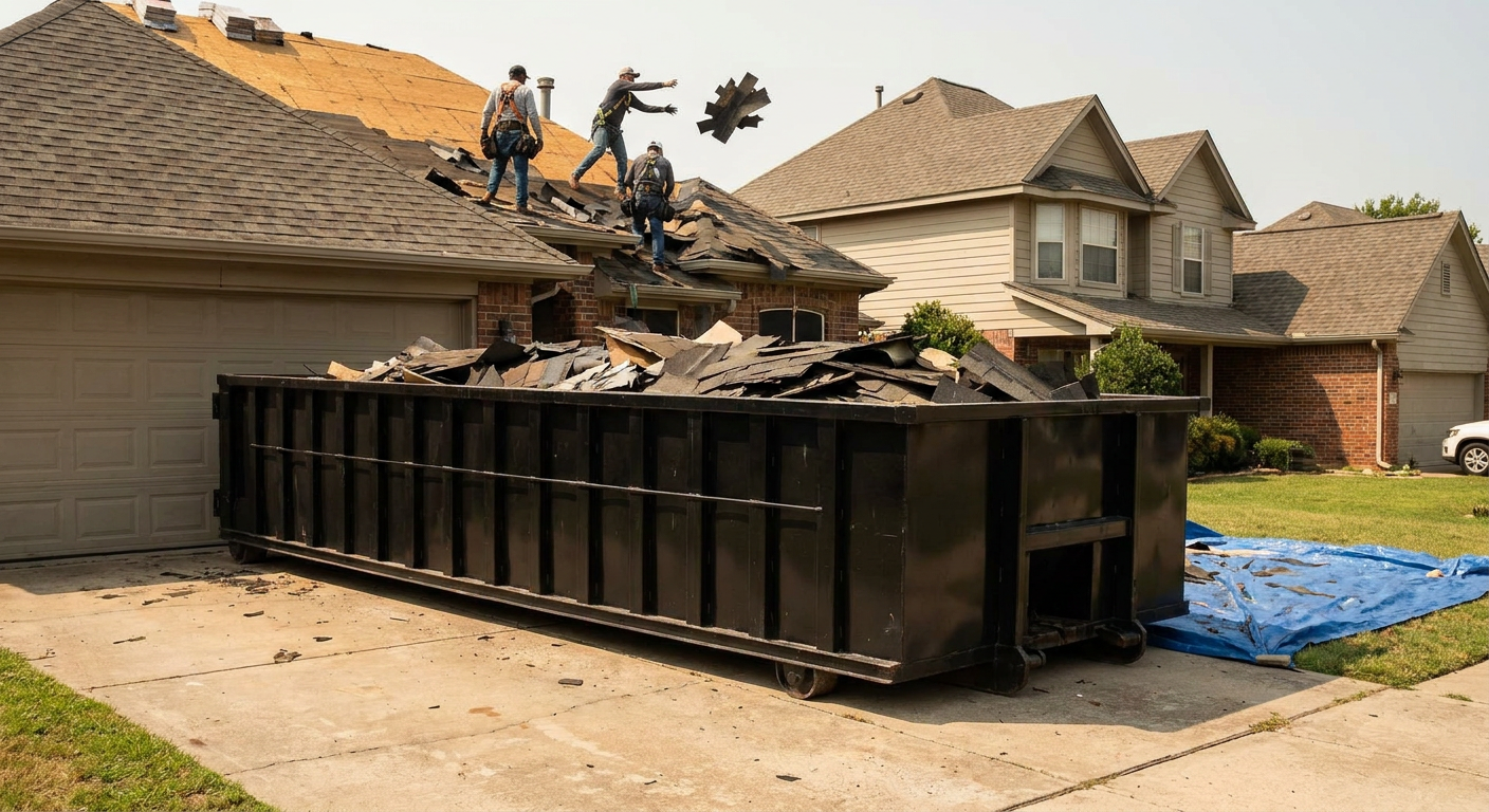 Matte-black roofing roll-off dumpster placed directly on a Mims residential concrete driveway, a tear-off crew on a two-story asphalt-shingle roof tossing shingle bundles into the low-walled container, bright daylight, documentary 35mm perspective.