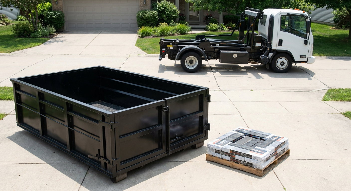 Matte-black 15-yard roofing roll-off dumpster with reinforced low side walls sitting directly on a Mims residential concrete driveway, three-tab asphalt shingle bundles stacked nearby, an unmarked white hauler truck partially visible at the edge of the frame.