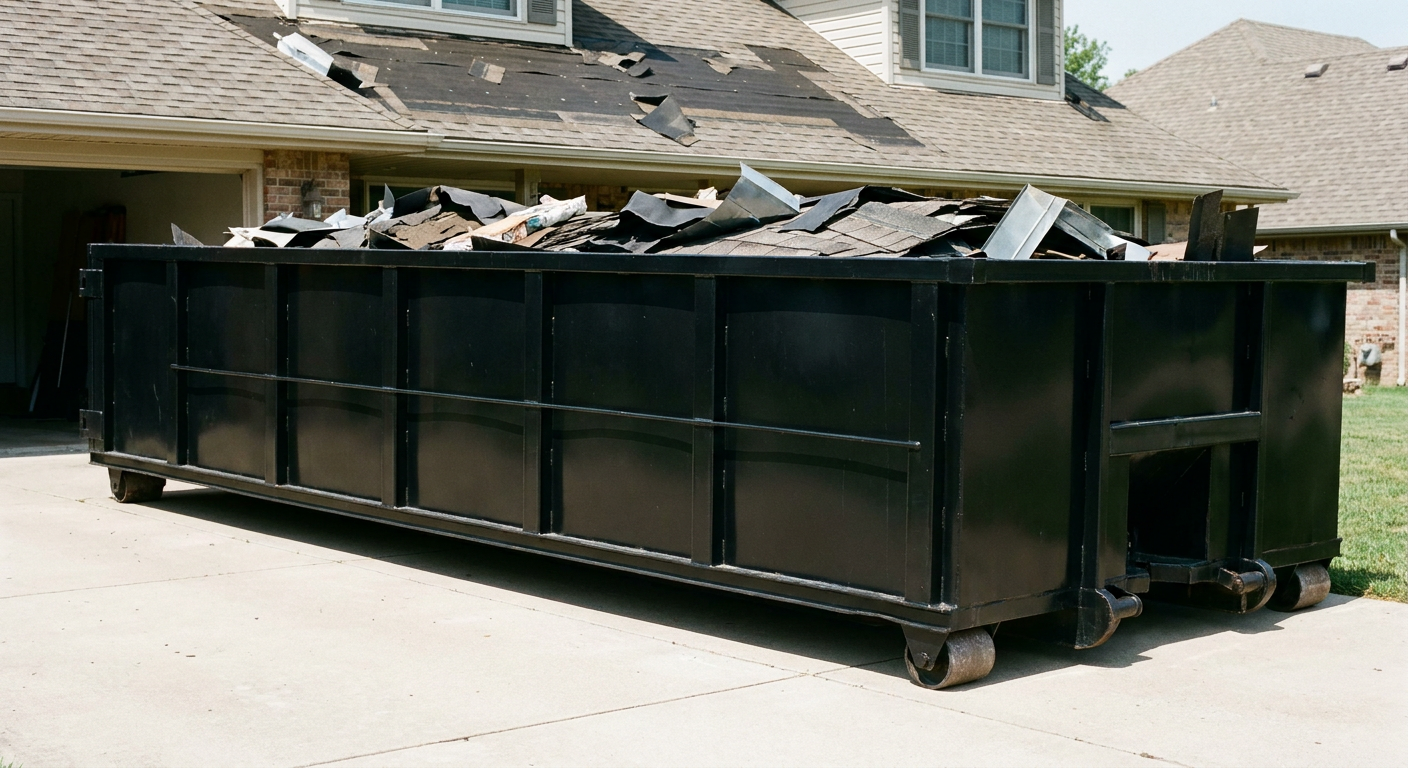 Matte-black 20-yard roofing roll-off dumpster with steel ribbed sides and swinging rear door, sitting directly on the concrete driveway of a two-story Mims home, asphalt shingle debris being loaded over the low wall, clean documentary lighting.