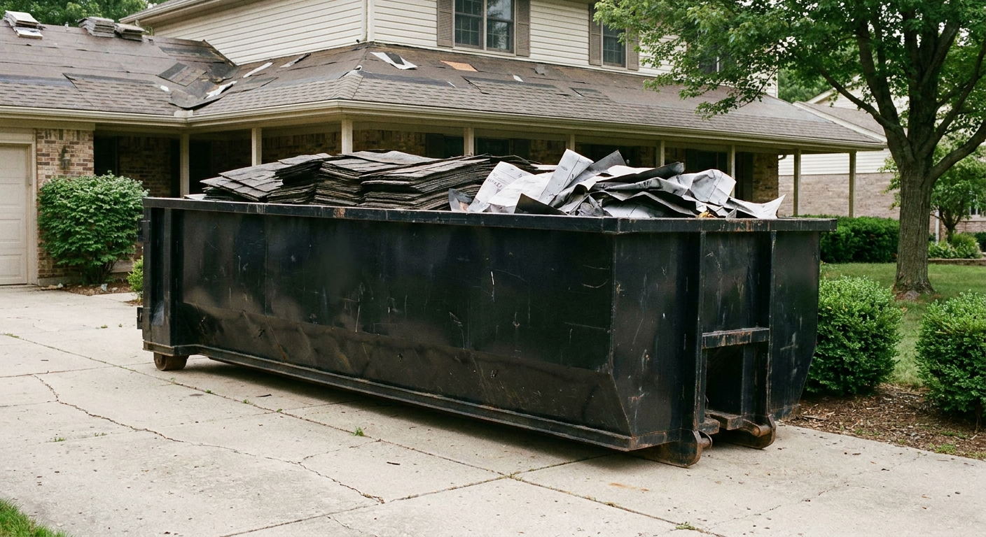 Matte-black 30-yard roofing roll-off dumpster sitting directly on a Mims concrete driveway, taller ribbed steel side panels, mixed tear-off debris of asphalt shingles and underlayment inside, professional documentary daylight.