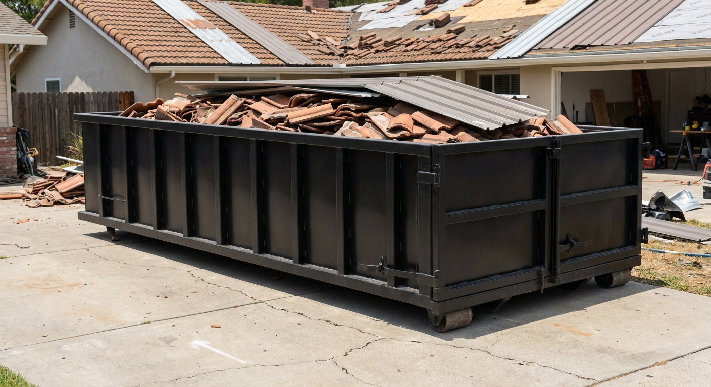 Matte-black low-wall heavy-debris roofing roll-off dumpster sitting directly on a Mims concrete driveway, broken concrete clay roof tiles and metal panel sections loaded inside, reinforced ribbed steel side walls visible, bright outdoor daylight.