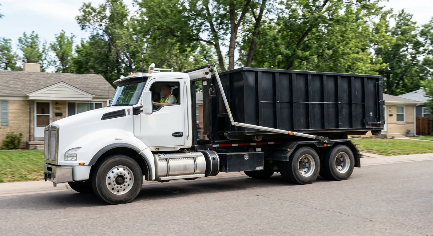 A wide documentary shot of a matte-black roll-off delivery truck pulling onto a quiet Mims residential street at mid-morning, with neighborhood rooftops and tree-lined blocks visible behind, showing the metro coverage footprint.
