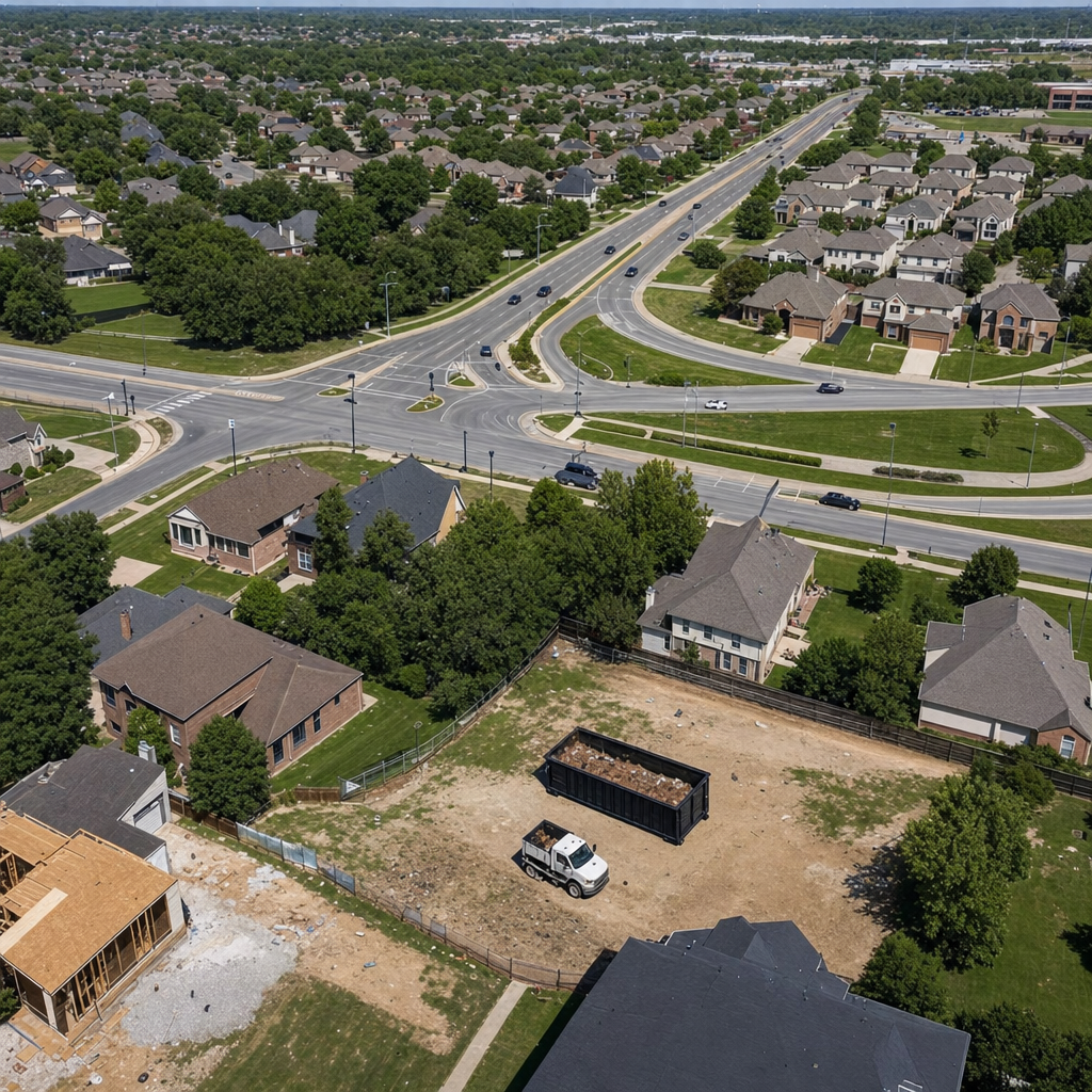 An overhead documentary view of the Mims metro area at midday, showing the spread of neighborhoods, arterial roads, and the dispatch radius from a central yard — clean daylight, organized geographic layout.