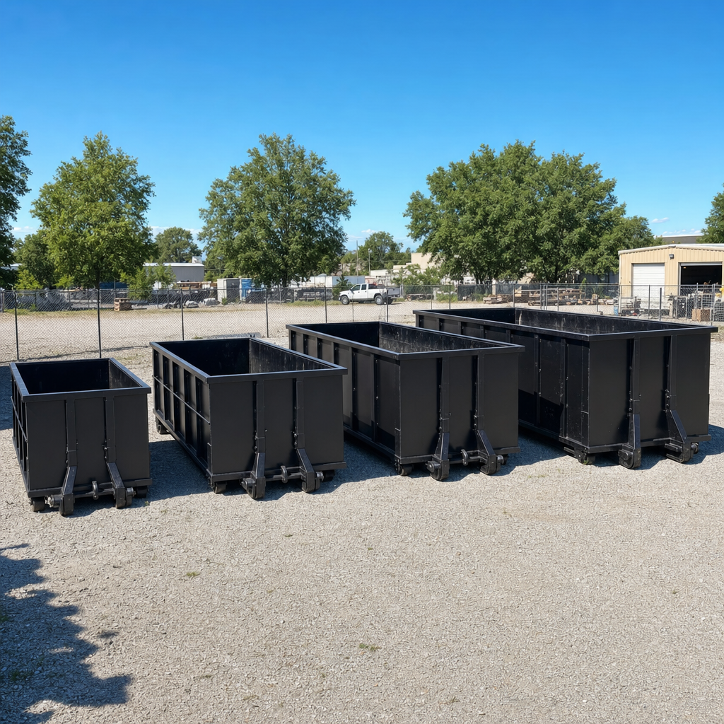 A clean lineup of matte-black roll-off dumpsters in 10, 20, 30, and 40-yard sizes staged on a sunlit gravel yard in Mims, showing the size progression from compact to commercial-scale containers.