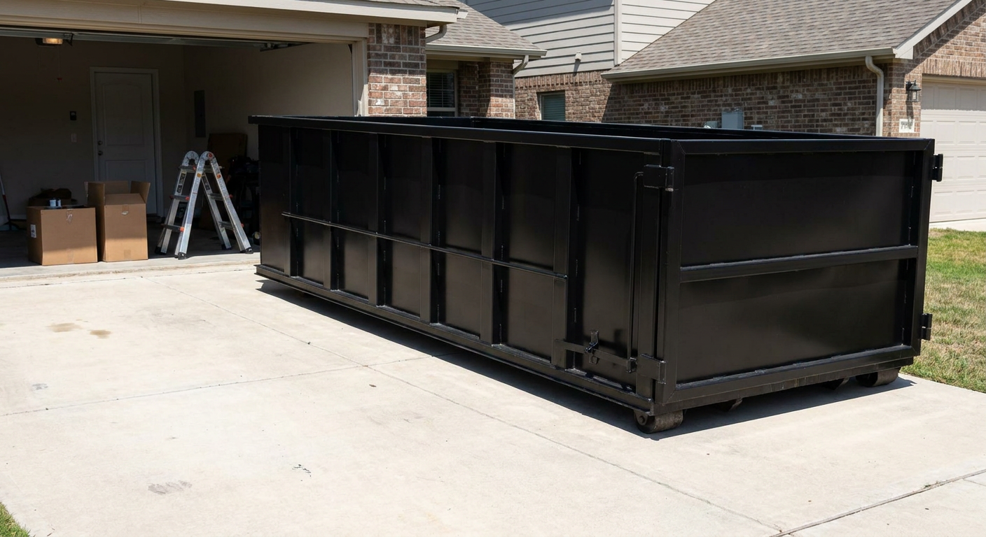 A matte-black 10-yard roll-off dumpster sitting directly on a residential Mims concrete driveway, mid-day sunlight, clean and ready for a garage cleanout.