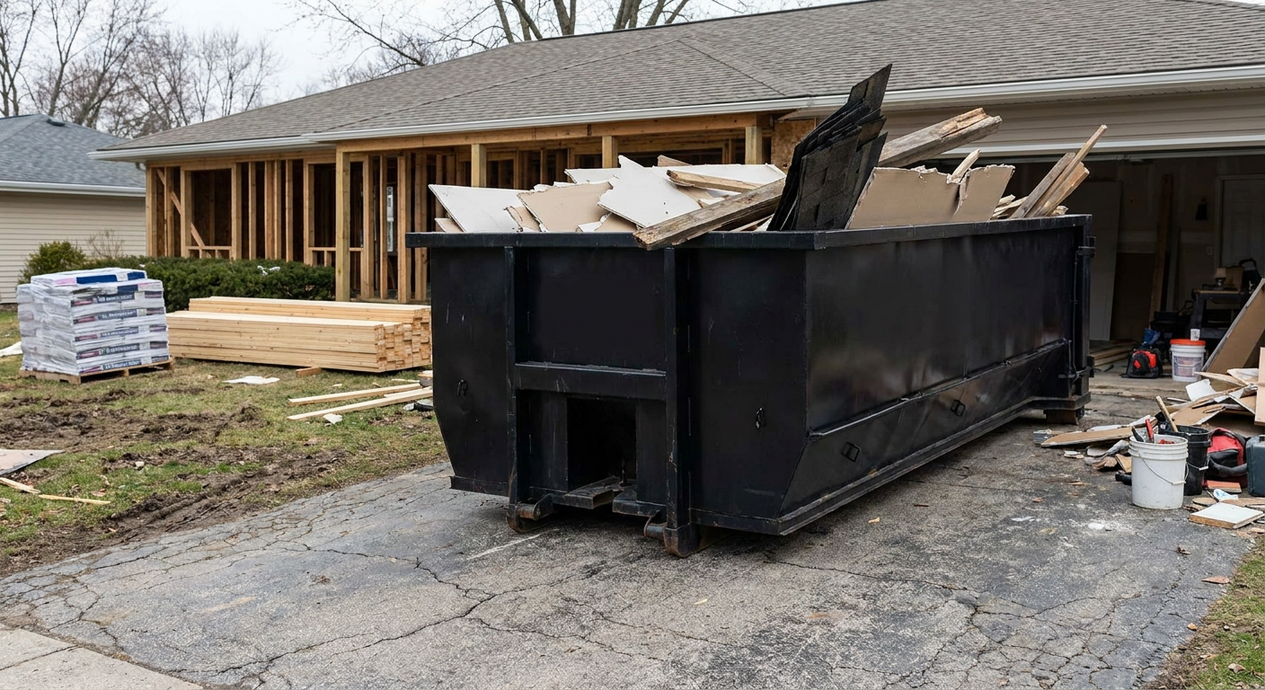 A matte-black 20-yard roll-off dumpster placed alongside a mid-renovation Mims home directly on the asphalt driveway, with framing materials and torn-off shingles staged neatly nearby.