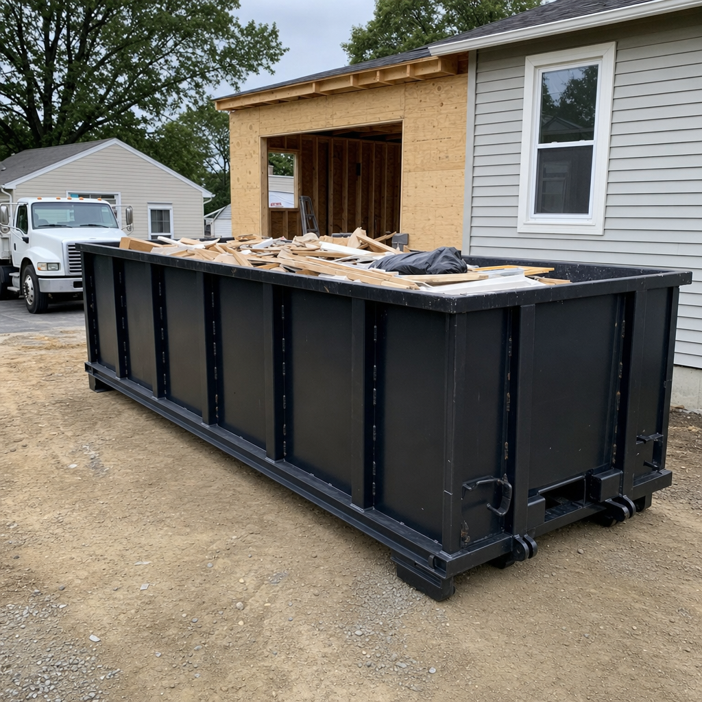 A matte-black 30-yard roll-off dumpster positioned at a Mims residential addition jobsite, with framing lumber and drywall scraps loaded through the open swinging rear doors.