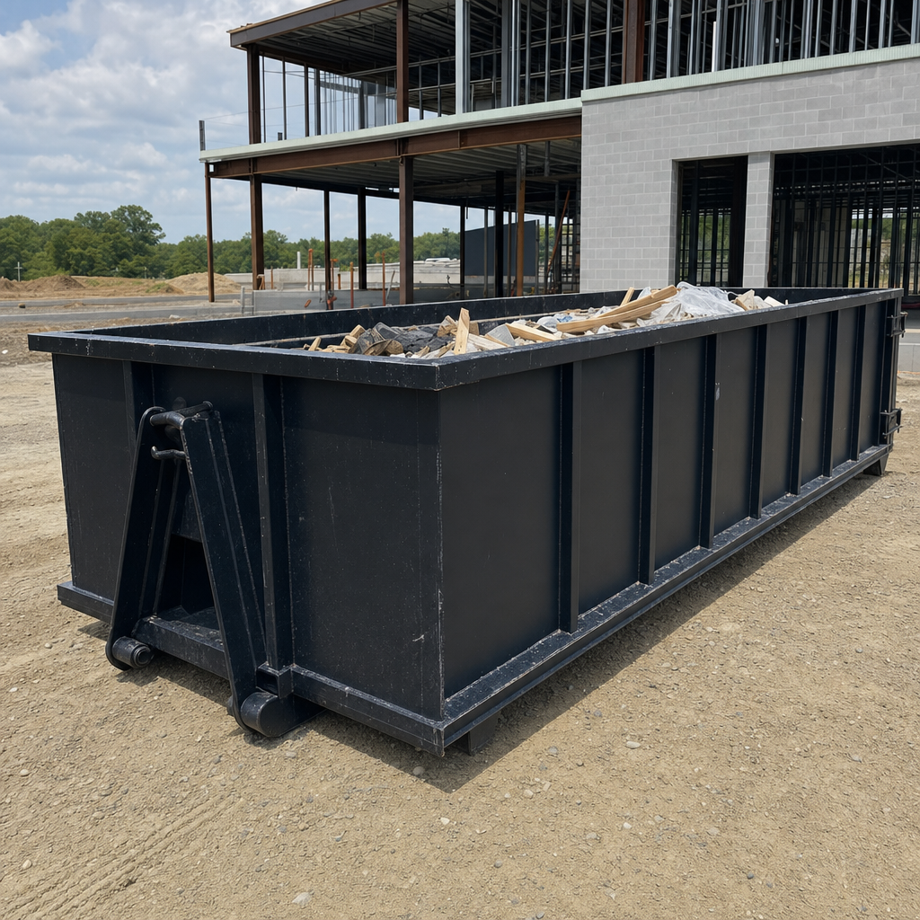 A matte-black 40-yard roll-off dumpster staged on a large Mims commercial construction lot, with a hooklift delivery truck parked alongside under bright midday sky.