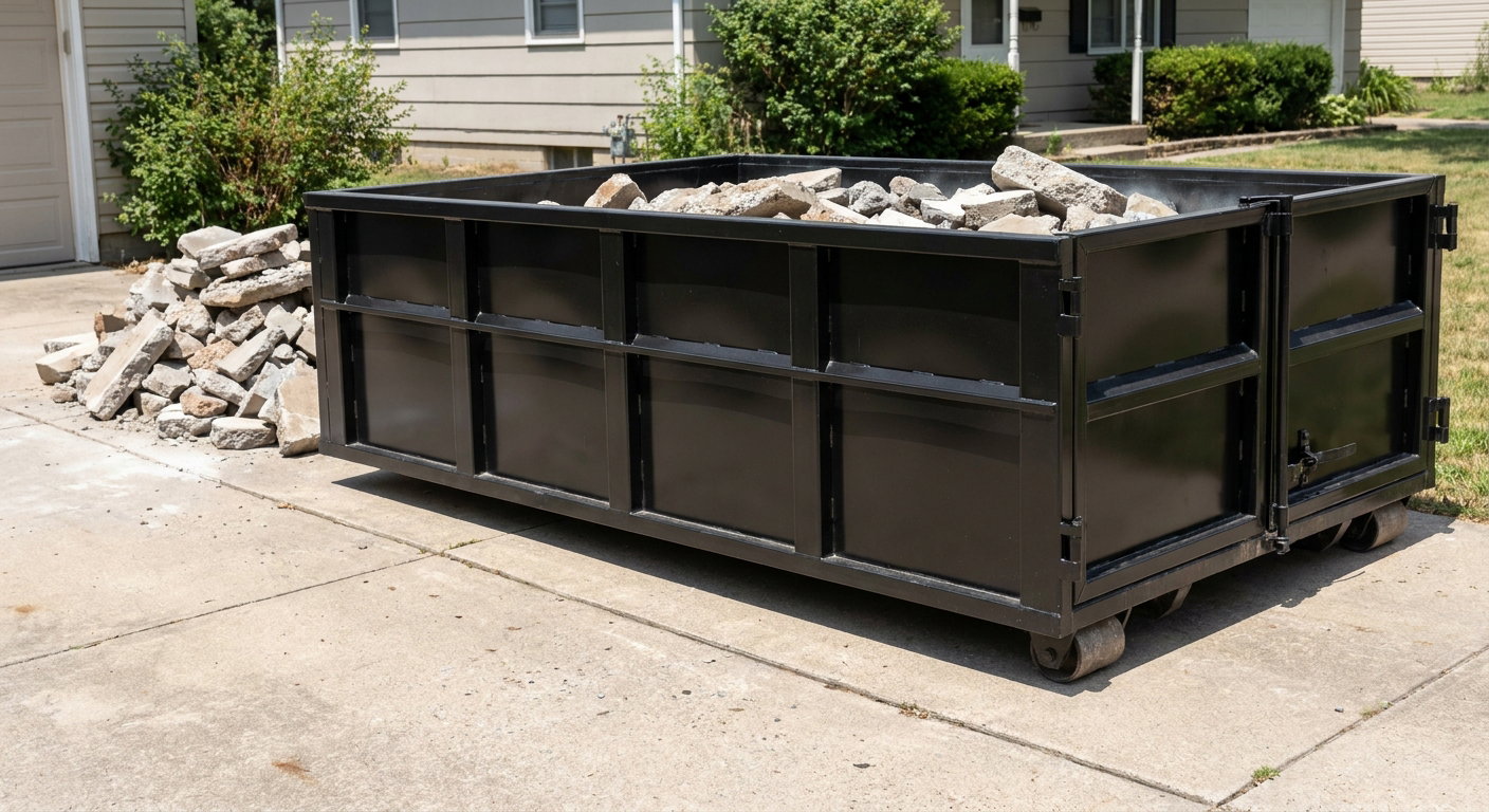 A matte-black low-side heavy-debris roll-off dumpster placed directly on a Mims concrete driveway, with broken concrete chunks neatly stacked beside it under clean daylight.